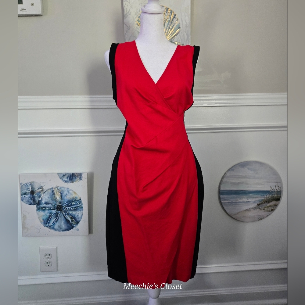 Kenneth Cole New York Colorblock Faux Wrap Sheath Dress Red Black 12